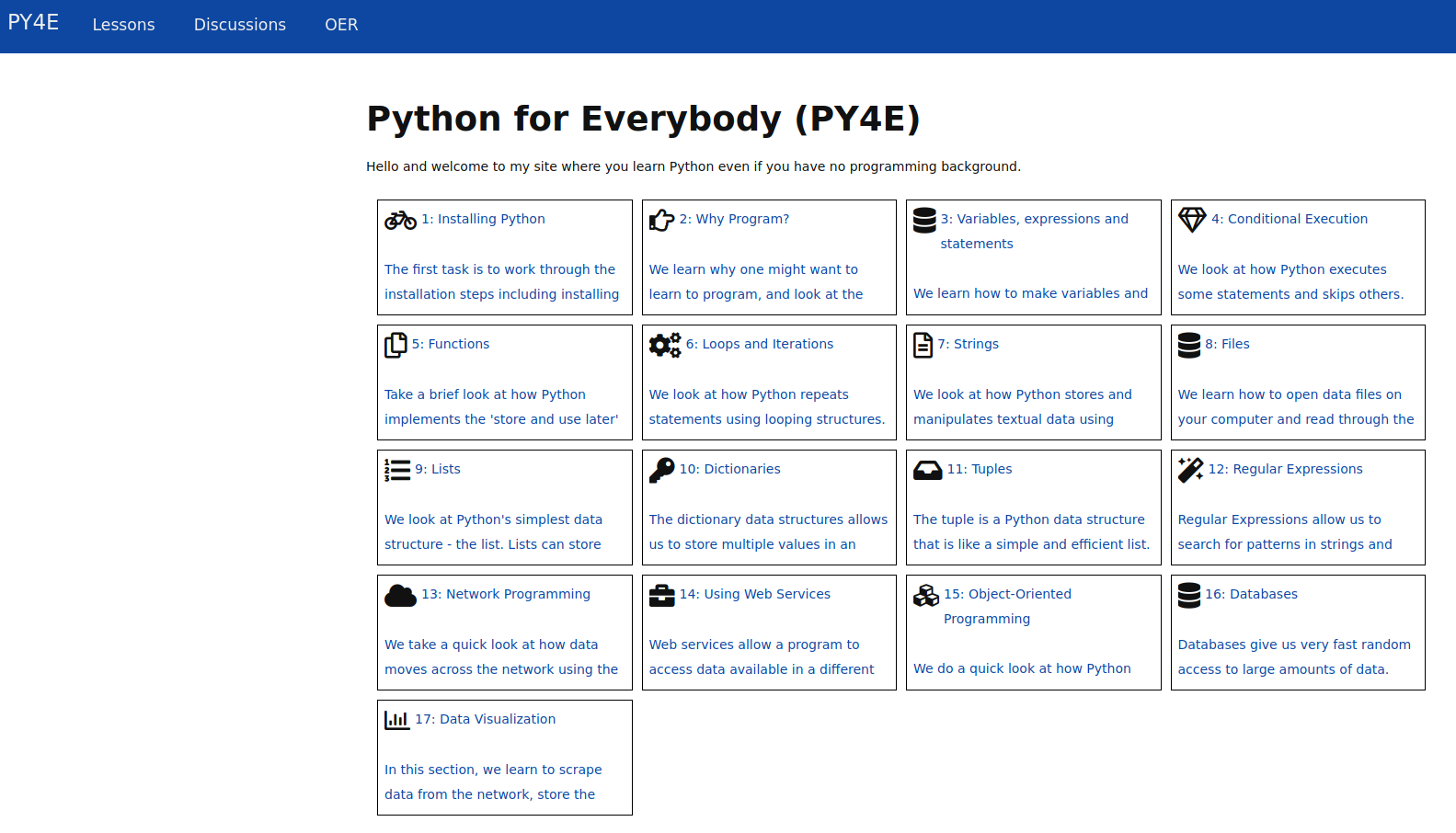 Python for everyone course webpage with all lessons